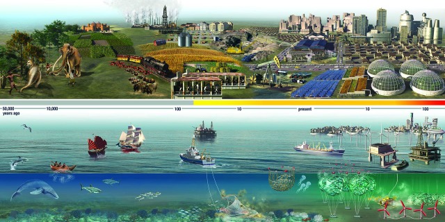 Timeline (log scale) of marine and terrestrial defaunation. If left unmanaged, the authors predict that marine habitat alteration, along with climate change (colored bar: IPCC warming), will exacerbate marine defaunation. (Credit: Science)