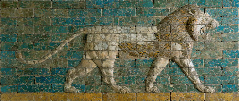 Panel with striding lion. Period: Neo-Babylonian. Date: ca. 604–562 B.C. Geography: Mesopotamia, Babylon (modern Hillah) Culture: Babylonian. Medium: Ceramic, glaze. Dimensions: H. 38 1/4 in. (97.2 cm). Classification: Ceramics.