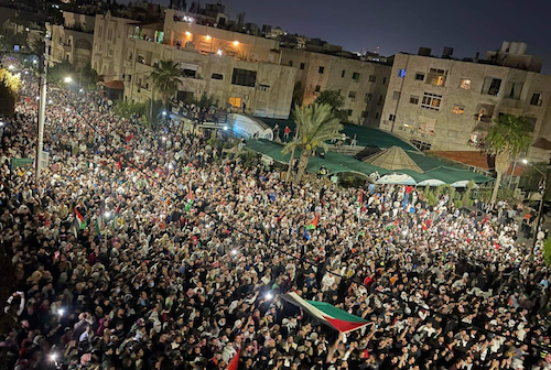 A mass protest in Amman following the Israeli massacre at Al-Ahli hospital. (Photo: via Social media)
