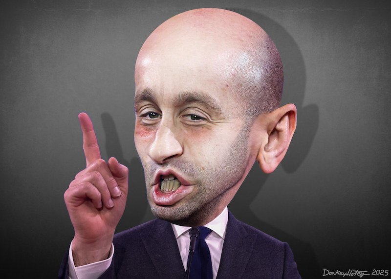 This caricature of Stephen Miller was adapted from a Creative Commons licensed photo from Gage Skidmore's Flickr photostream.